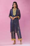 Kunwaraniritu_Blue Georgette Embroidery Floral Notched Collar Mukaish Kurta Pant Set _at_Aza_Fashions