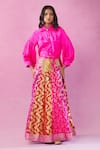 Buy_Kunwaraniritu_Pink Silk Woven Floral Collared Neck Banarasi Pattern Lehenga With Top _at_Aza_Fashions