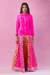 Kunwaraniritu_Pink Silk Woven Floral Collared Neck Banarasi Pattern Lehenga With Top _at_Aza_Fashions