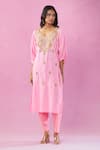 Shop_Kunwaraniritu_Pink Cotton Embroidery Zardozi V Neck Kurta Pant Set _Online_at_Aza_Fashions