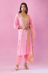 Kunwaraniritu_Pink Cotton Embroidery Zardozi V Neck Kurta Pant Set _at_Aza_Fashions