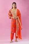 Buy_Kunwaraniritu_Orange Cotton Print Gota Patti Notched Neck Floral Mandala Kurta Pant Set _at_Aza_Fashions