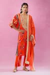 Buy_Kunwaraniritu_Orange Cotton Print Gota Patti Notched Neck Floral Mandala Kurta Pant Set 