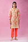 Shop_Kunwaraniritu_Orange Cotton Print Gota Patti Swirl Neck Hand Embroidered Kurta Pant Set _Online_at_Aza_Fashions