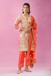 Kunwaraniritu_Orange Cotton Print Gota Patti Swirl Neck Hand Embroidered Kurta Pant Set _at_Aza_Fashions