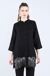 Buy_Linen Bloom_Black 100% Pure Linen Embroidered Sequin Mandarin Collar Mesh Tunic _Online_at_Aza_Fashions