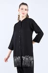 Shop_Linen Bloom_Black 100% Pure Linen Embroidered Sequin Mandarin Collar Mesh Tunic _Online_at_Aza_Fashions