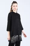 Linen Bloom_Black 100% Pure Linen Embroidered Sequin Mandarin Collar Mesh Tunic _at_Aza_Fashions