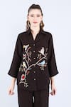 Buy_Linen Bloom_Black 100% Pure Linen Embroidered Thread Shirt Collar Birds On A Branch _at_Aza_Fashions