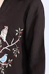 Linen Bloom_Black 100% Pure Linen Embroidered Thread Shirt Collar Birds On A Branch _at_Aza_Fashions