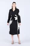 Linen Bloom_Black 100% Pure Linen Embellished Applique Lapel Collar Floral Trench Coat _Online_at_Aza_Fashions