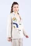 Buy_Linen Bloom_Beige 100% Pure Linen Embroidered Thread Lapel Collar Floral Blazer _Online_at_Aza_Fashions