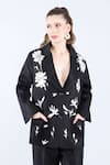 Buy_Linen Bloom_Black 100% Pure Linen Embellished Applique Lapel Collar Floral Blazer _at_Aza_Fashions