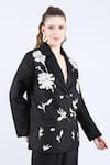 Linen Bloom_Black 100% Pure Linen Embellished Applique Lapel Collar Floral Blazer _at_Aza_Fashions