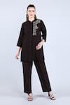 Buy_Linen Bloom_Black 100% Pure Linen Embroidered Thread Mandarin Collar Floral Tunic With Pant _at_Aza_Fashions