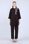 Linen Bloom_Black 100% Pure Linen Embroidered Thread Mandarin Collar Floral Tunic With Pant _Online_at_Aza_Fashions