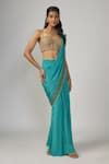 Buy_Sandhya Shah_Blue Crepe Embroidered Bead Helena Border Pre-draped Saree With Blouse _at_Aza_Fashions