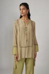 Sandhya Shah_Green Dupion Silk Printed Cutdana Notched Janak Kurta And Pant Set _Online_at_Aza_Fashions