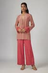 Buy_Sandhya Shah_Pink Dupion Silk Printed Cutdana Notched Amarus Tunic And Pant Set _at_Aza_Fashions