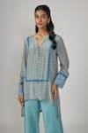 Sandhya Shah_Blue Dupion Silk Printed Cutdana Notched Yosha Tunic And Pant Set _Online_at_Aza_Fashions