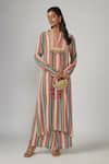 Buy_Sandhya Shah_Multi Color Crepe Embroidered Thread Notched Mehar Stripe Pattern Kurta Pant Set _at_Aza_Fashions