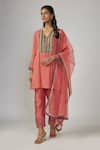 Buy_Sandhya Shah_Pink Chanderi Embroidered Sequin V Neck Artha Yoke Kurta Pant Set _at_Aza_Fashions