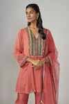 Sandhya Shah_Pink Chanderi Embroidered Sequin V Neck Artha Yoke Kurta Pant Set _Online_at_Aza_Fashions