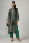 Buy_Sandhya Shah_Green Crepe Embroidered Sequin Band Collar Yani Stripe Pattern Kurta And Pant Set _at_Aza_Fashions