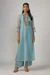 Buy_Sandhya Shah_Blue Crepe Embroidered Bead Notched Soma Sheer Kurta Pant Set _at_Aza_Fashions