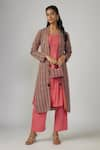 Buy_Sandhya Shah_Pink Chanderi Embroidered Bead Jacket Open Bonita Pant Set _at_Aza_Fashions