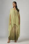 Buy_Sandhya Shah_Green Crepe Embroidered Sequin Cape Open Anuka Asymmetric Flared Pant Set _at_Aza_Fashions