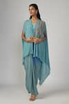 Buy_Sandhya Shah_Blue Chanderi Embroidered Bead Cape Open Lisha Asymmetric Draped Skirt Set _at_Aza_Fashions