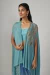 Sandhya Shah_Blue Chanderi Embroidered Bead Cape Open Lisha Asymmetric Draped Skirt Set _Online_at_Aza_Fashions