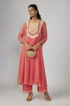 Buy_Sandhya Shah_Pink Organza Embroidered Cutdana Round Nithi Yoke Kurta Straight Cut Pant Set _at_Aza_Fashions