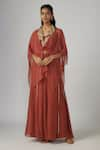 Buy_Sandhya Shah_Red Organza Embroidered Sequin Cape Shawl Collar Maeya High Low Sharara Set _at_Aza_Fashions