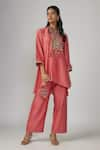 Buy_Sandhya Shah_Pink Chanderi Embroidered Sequin Notched Syrus Yoke Tunic And Pant Set _at_Aza_Fashions