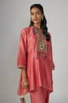 Sandhya Shah_Pink Chanderi Embroidered Sequin Notched Syrus Yoke Tunic And Pant Set _Online_at_Aza_Fashions