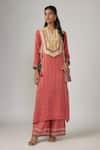 Buy_Sandhya Shah_Pink Crepe Embroidered Lace Notched Ruah Sequin Embellished Kurta Palazzo Set _at_Aza_Fashions