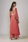 Shop_Sandhya Shah_Pink Crepe Embroidered Lace Notched Ruah Sequin Embellished Kurta Palazzo Set _at_Aza_Fashions