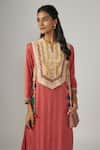 Sandhya Shah_Pink Crepe Embroidered Lace Notched Ruah Sequin Embellished Kurta Palazzo Set _Online_at_Aza_Fashions