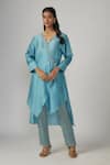 Buy_Sandhya Shah_Blue Chanderi Embroidered Thread V Neck Sriya Cutwork Layered Kurta And Pant Set _at_Aza_Fashions