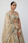 Shop_Vvani by Vani Vats_Gold Banarasi Shimmer Organza Embroidery Mirror Flower Bridal Lehenga Set _Online_at_Aza_Fashions