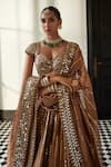 Buy_Vvani by Vani Vats_Brown Banarasi Shimmer Organza Embroidery Mirror Sweetheart Stripe Lehenga Set 