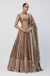 Buy_Vvani by Vani Vats_Brown Banarasi Shimmer Organza Embroidery Mirror Scoop Bridal Lehenga Blouse Set _at_Aza_Fashions