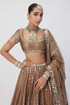 Vvani by Vani Vats_Brown Banarasi Shimmer Organza Embroidery Mirror Scoop Bridal Lehenga Blouse Set _Online_at_Aza_Fashions