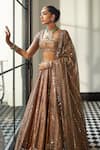 Vvani by Vani Vats_Brown Banarasi Shimmer Organza Embroidery Mirror Scoop Bridal Lehenga Blouse Set _at_Aza_Fashions