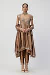 Vvani by Vani Vats_Brown Banarasi Shimmer Organza Embroidery Mirror Sweetheart Neck Anarkali Set _Online_at_Aza_Fashions