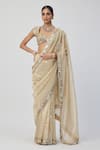 Vvani by Vani Vats_Gold Banarasi Shimmer Organza Embroidery Mirror Sweetheart Neck Saree Set _Online_at_Aza_Fashions