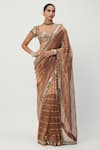 Buy_Vvani by Vani Vats_Brown Banarasi Shimmer Organza Embroidery Mirror Stripe Saree With Blouse _at_Aza_Fashions