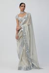 Buy_Vvani by Vani Vats_Silver Banarasi Shimmer Organza Embroidery Mirror Placement Saree With Blouse _at_Aza_Fashions